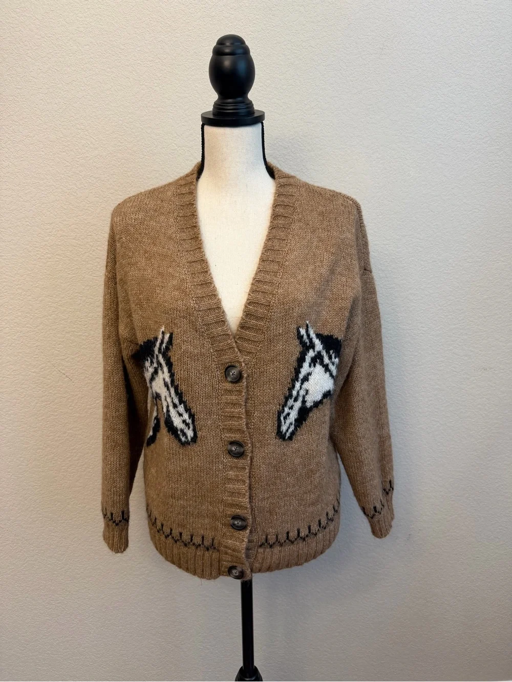 Old Navy Brown Horse Intarsia V-Neck Button Cardigan oversized Sz S Wool Blend